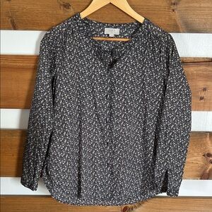 LOFT Navy Floral Print Blouse Size Petite Small 100%  Cotton Button Front/Sleeve